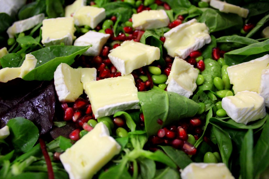 Claire's salad made with surplus brie, pomegranate seeds and edamame beans