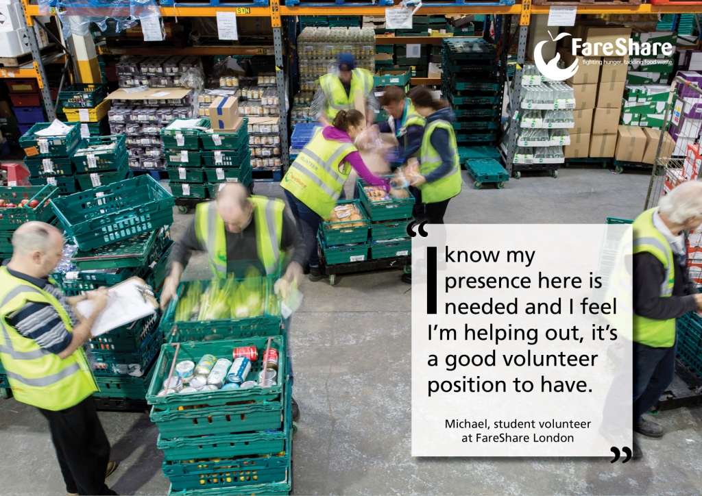 Image of volunteers in warehouse with quote saying I know my presence here is needed and I feel I'm helping out