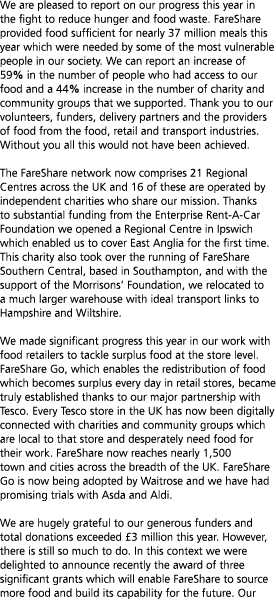 We are pleased to report on our progress this year in the fight to reduce hunger and food waste  FareShare provided f   