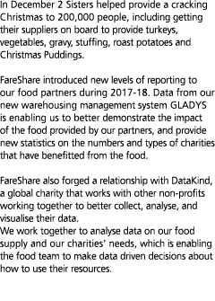 In December 2 Sisters helped provide a cracking Christmas to 200 000 people  including getting their suppliers on boa   