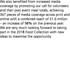 We also benefited from increased media coverage by promoting our call for volunteers and then post event meal totals    
