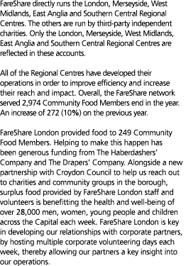 FareShare directly runs the London  Merseyside  West Midlands  East Anglia and Southern Central Regional Centres  The   