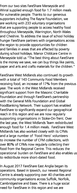  From our two sites FareShare Merseyside and Wirral supplied enough food for 1 7 million meals for vulnerable people    