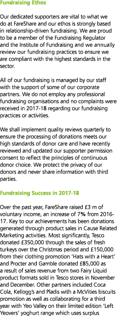 Fundraising Ethos  Our dedicated supporters are vital to what we do at FareShare and our ethos is strongly based in r   