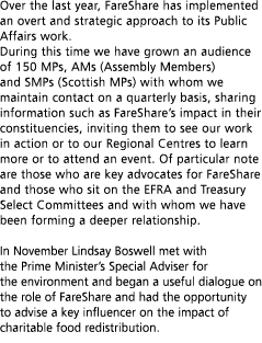 Over the last year  FareShare has implemented an overt and strategic approach to its Public Affairs work  During this   