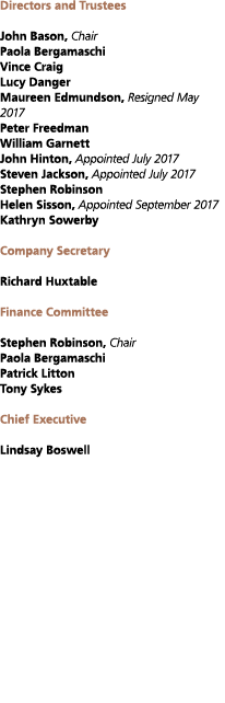 Directors and Trustees John Bason  Chair Paola Bergamaschi Vince Craig Lucy Danger Maureen Edmundson  Resigned May 20   