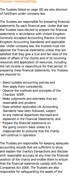 Trustees  responsibilities The Trustees  listed on page 30  are also directors of FareShare under company law  The Tr   