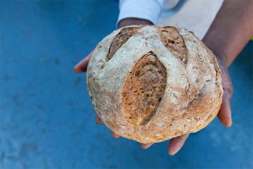Hand holding loaf of bread