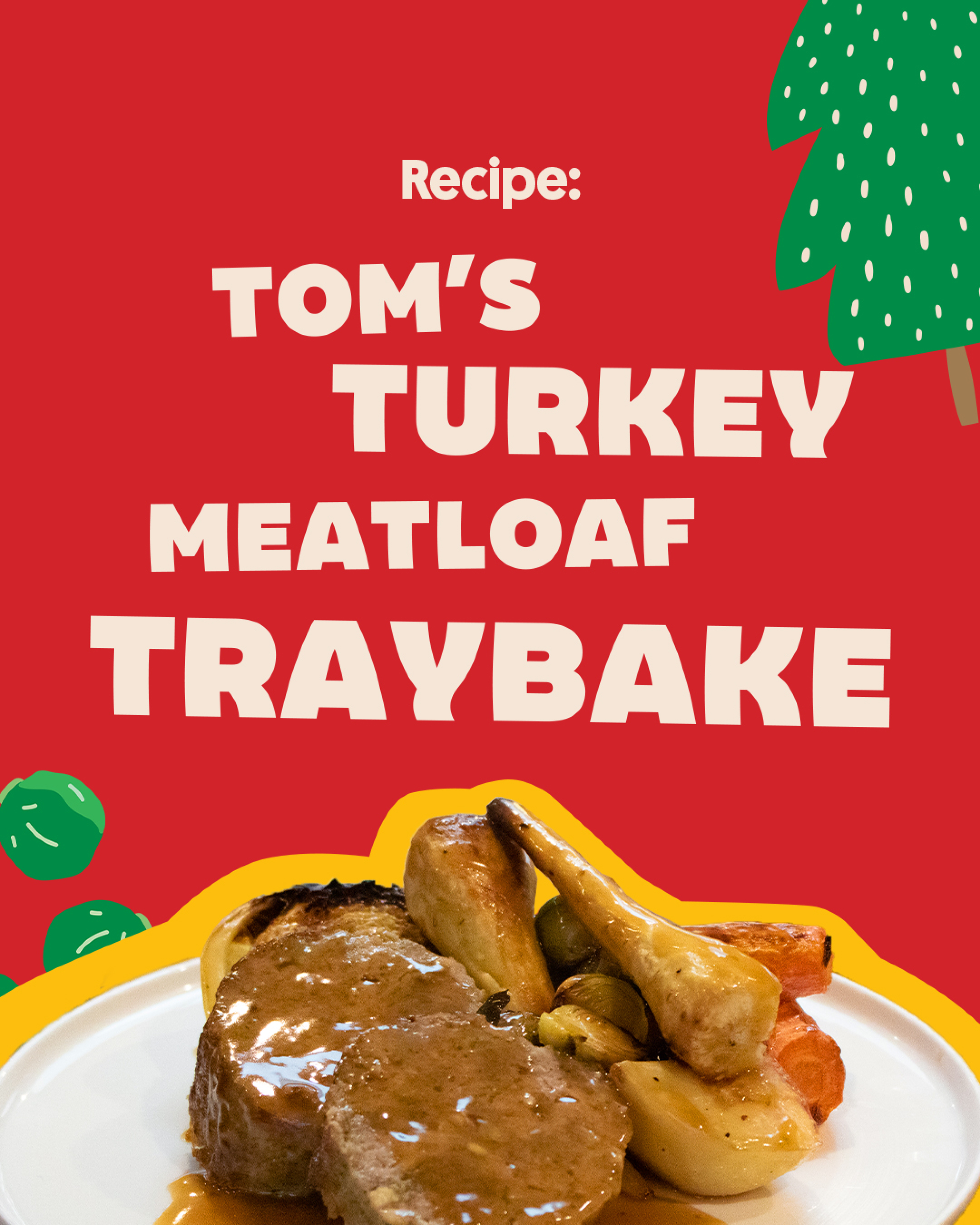 Turkey traybake with text Tom's turkey meatloaf traybake