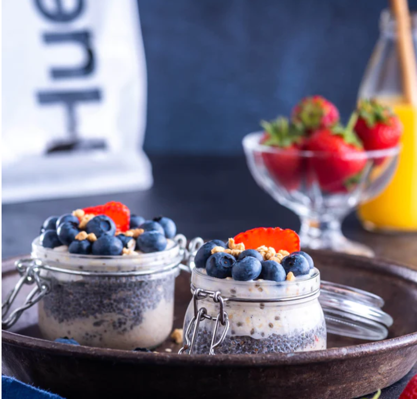 Huel overnight oats in hars with berries